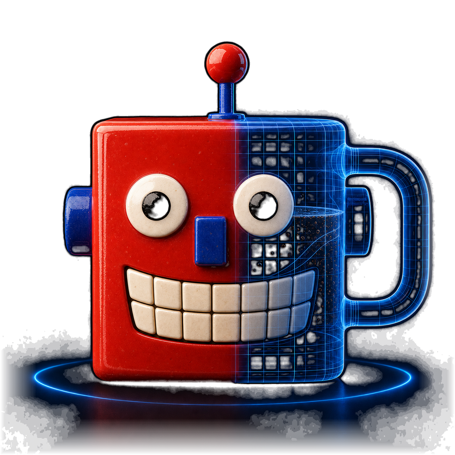 The CoffeeScope robot — a square red ceramic mug with a face, its right half rendered as a glowing blue x-ray wireframe showing the coffee and suspended particles inside.
