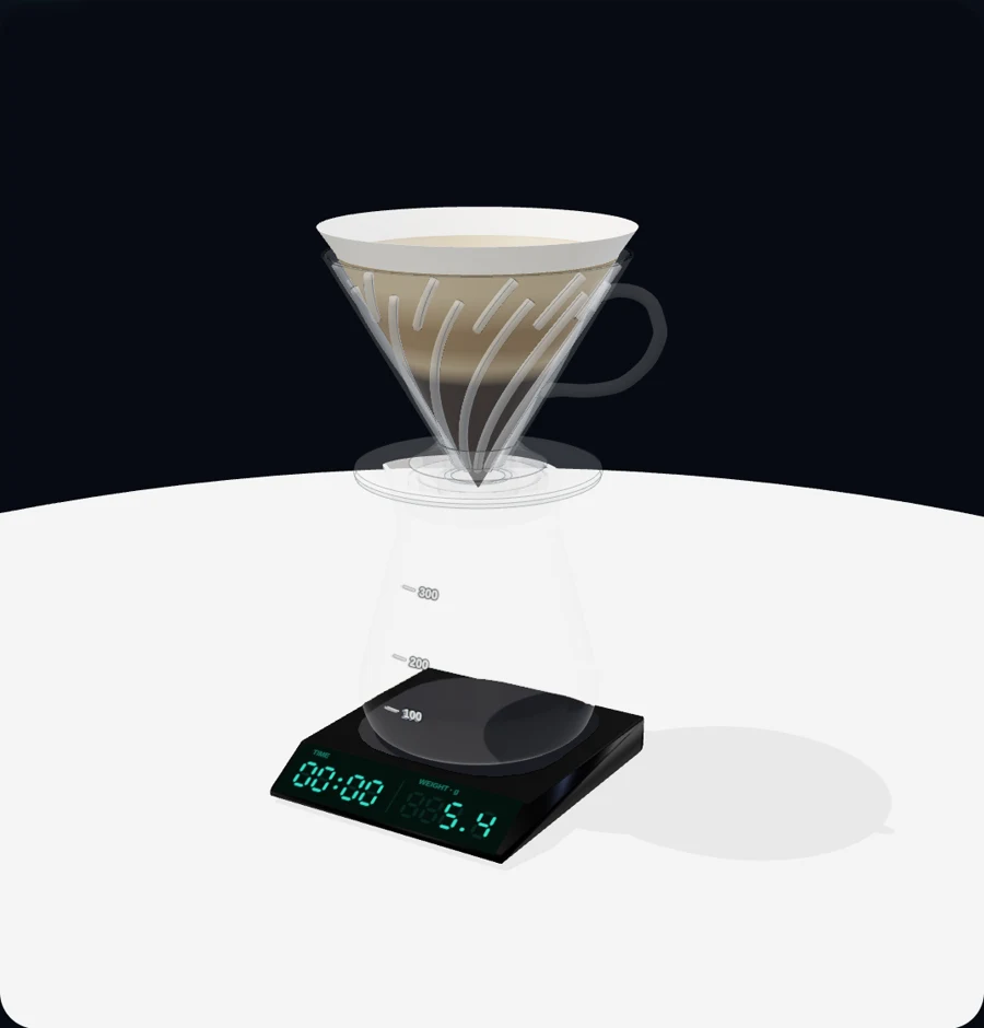 CoffeeScope V60 pour-over brew simulation — dripper full of coffee on a glass carafe and brew scale